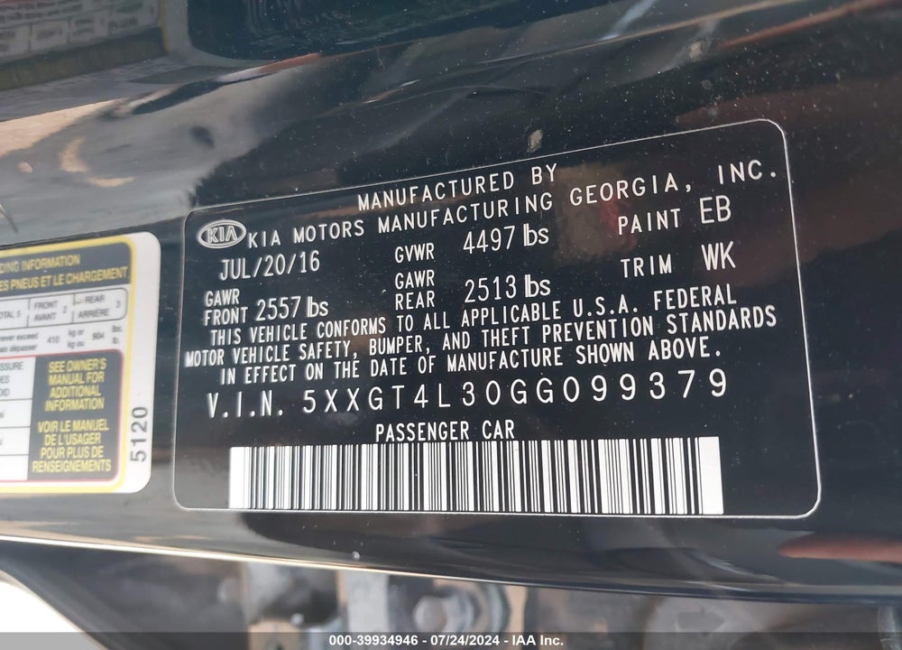 2016 KIA OPTIMA LX VIN: 5XXGT4L30GG099379