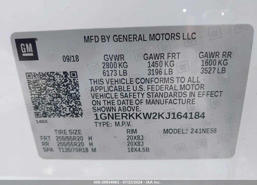 2019 CHEVROLET TRAVERSE PREMIER VIN: 1GNERKKW2KJ164184