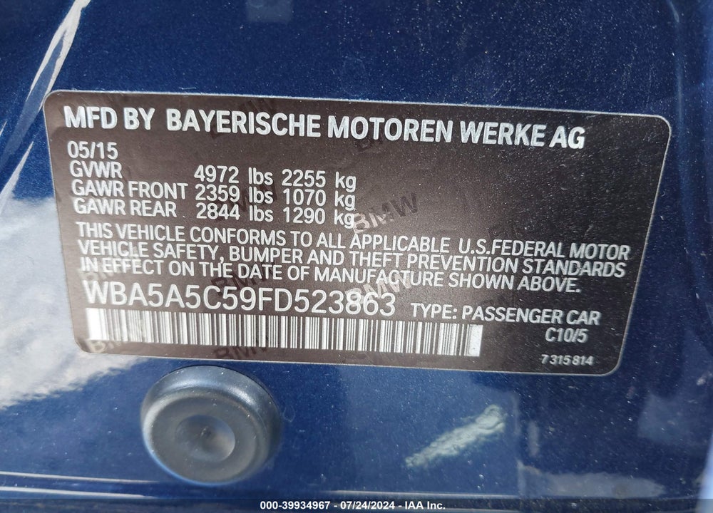 2015 BMW 528I VIN: WBA5A5C59FD523863