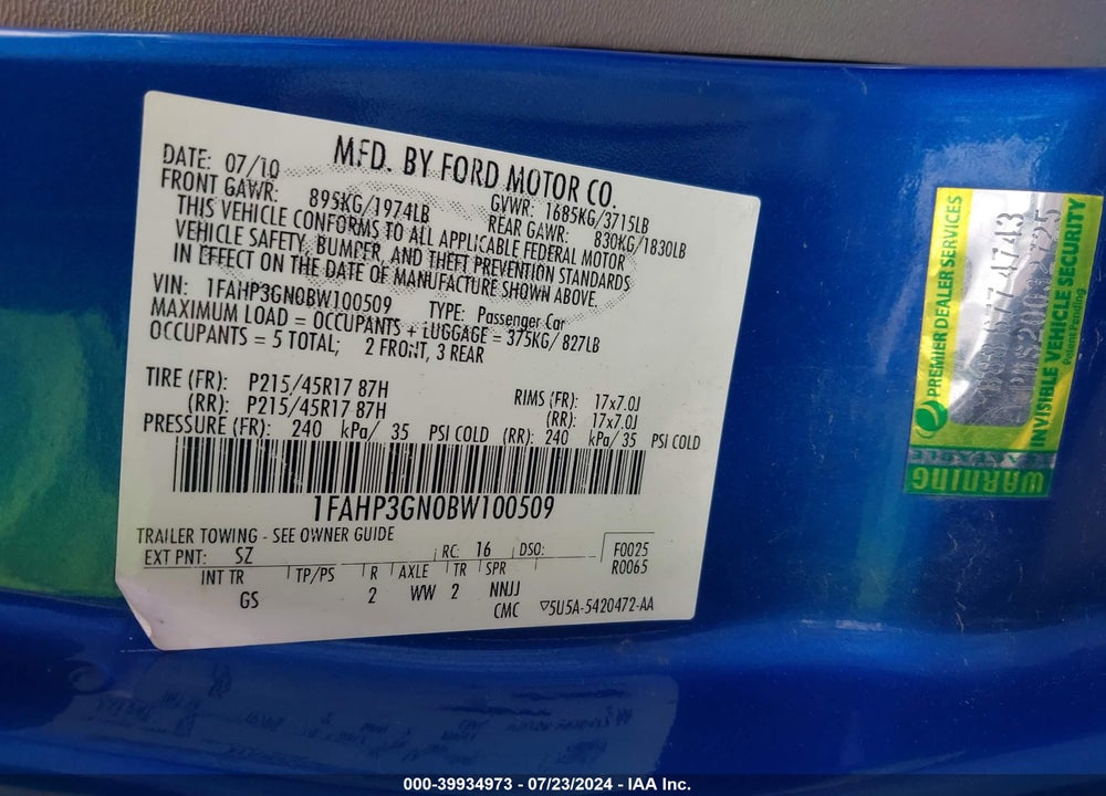 2011 FORD FOCUS SES VIN: 1FAHP3GN0BW100509