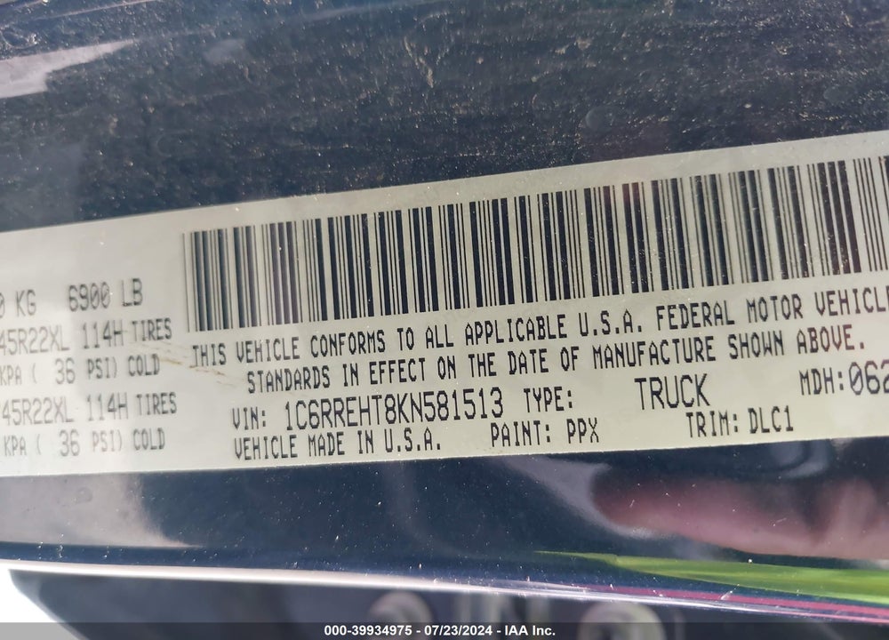 2019 RAM 1500 VIN: 1C6RREHT8KN581513