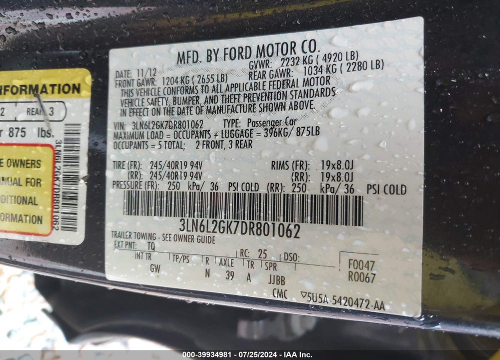 2013 LINCOLN MKZ VIN: 3LN6L2GK7DR801062