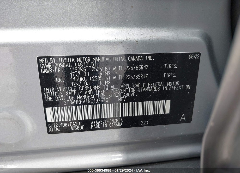 2022 TOYOTA RAV4 XLE VIN: 2T3W1RFV4NC197676