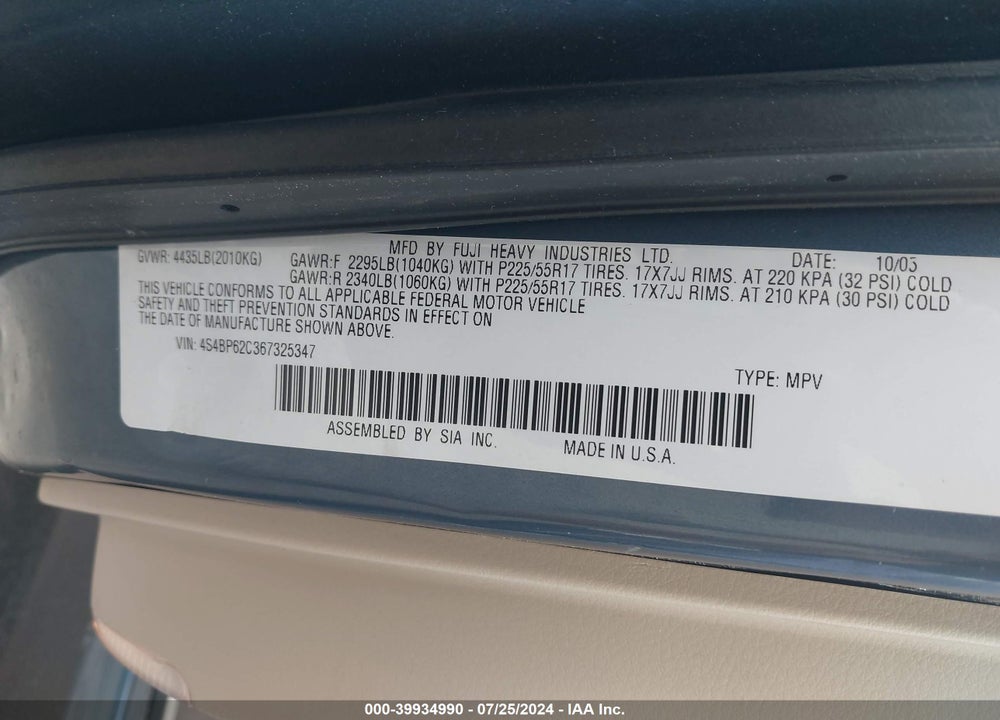 2006 SUBARU OUTBACK 2.5I LIMITED VIN: 4S4BP62C367325347