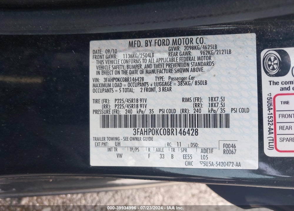 2011 FORD FUSION VIN: 3FAHP0KC0BR146428