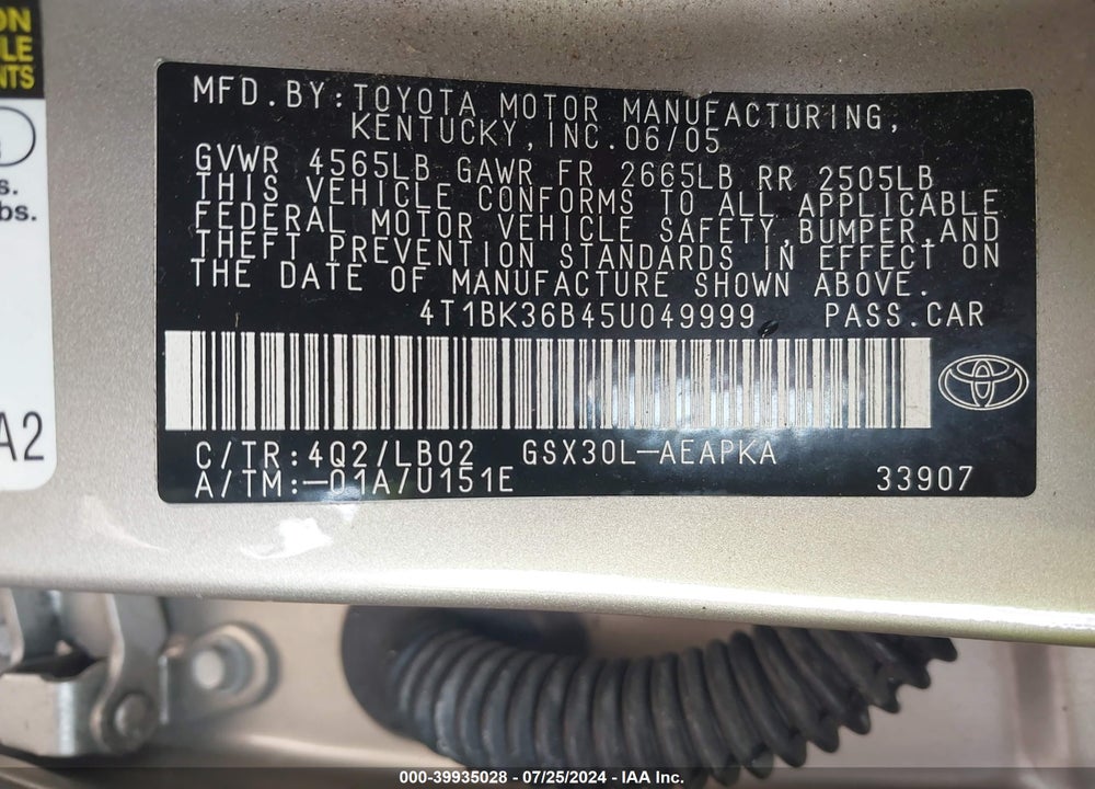 2005 TOYOTA AVALON LIMITED VIN: 4T1BK36B45U049999