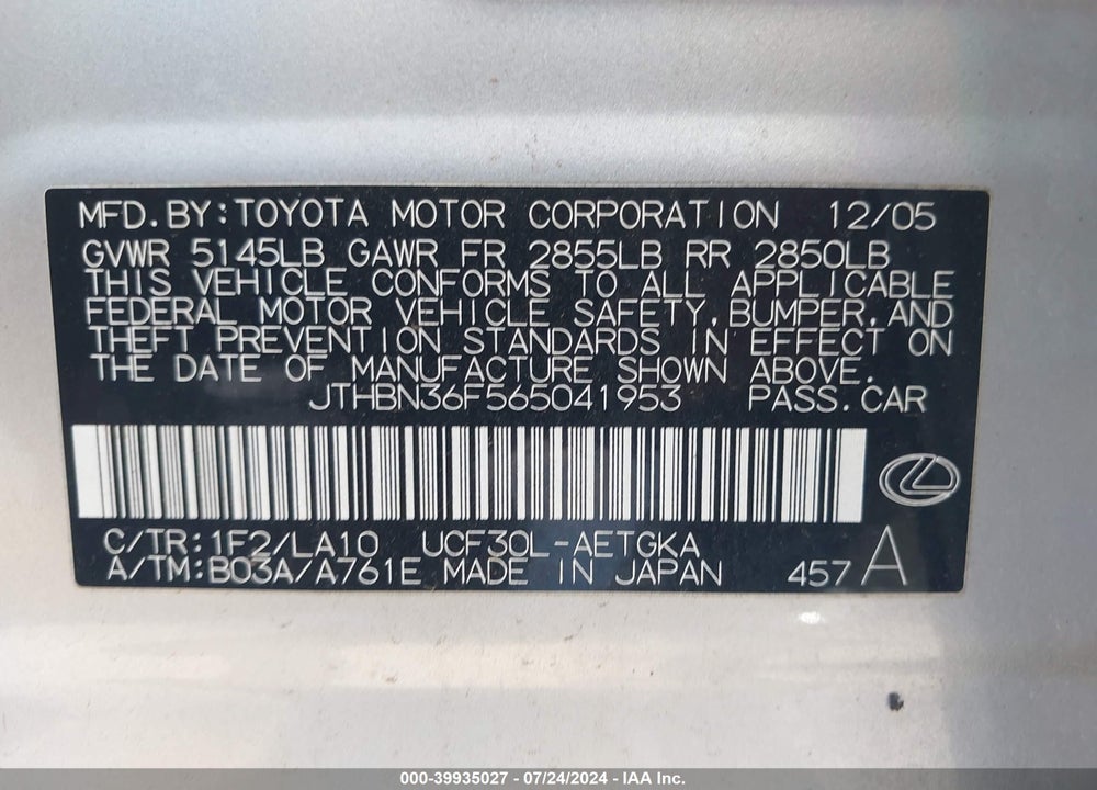 2006 LEXUS LS 430 VIN: JTHBN36F565041953