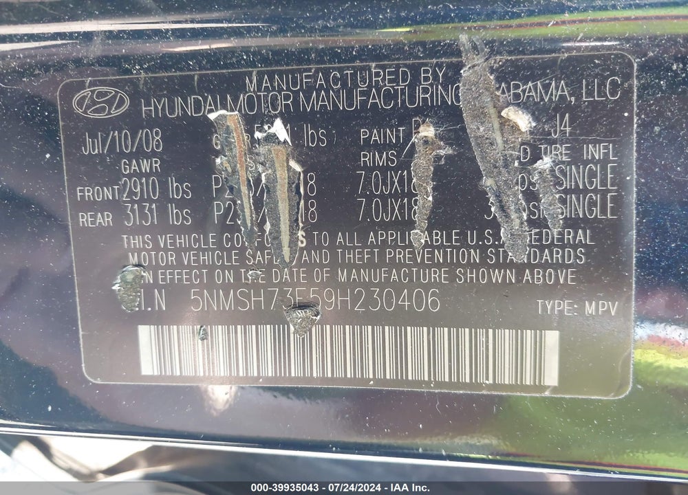 2009 HYUNDAI SANTA FE SE VIN: 5NMSH73E59H230406