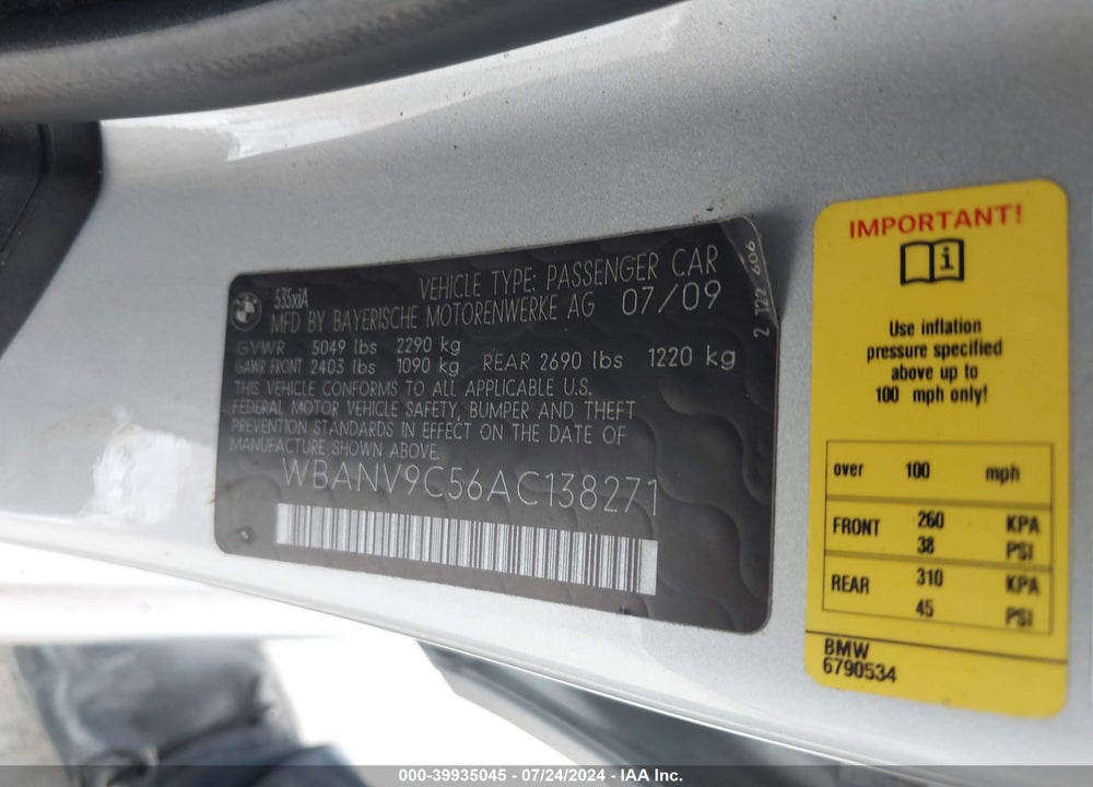 2010 BMW 535I XDRIVE VIN: WBANV9C56AC138271
