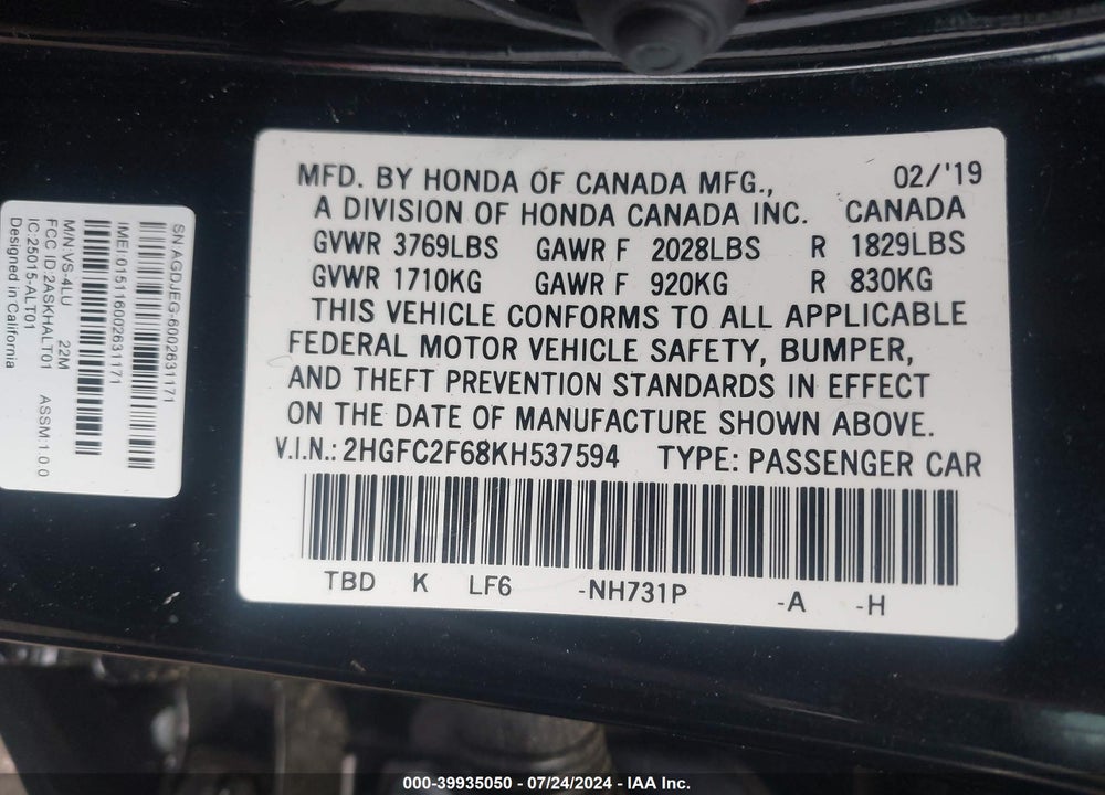 2019 HONDA CIVIC VIN: 2HGFC2F68KH537594