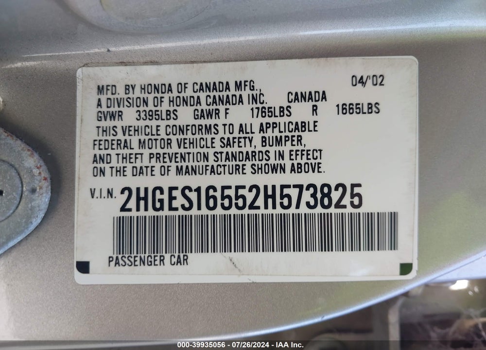 2002 HONDA CIVIC LX VIN: 2HGES16552H573825
