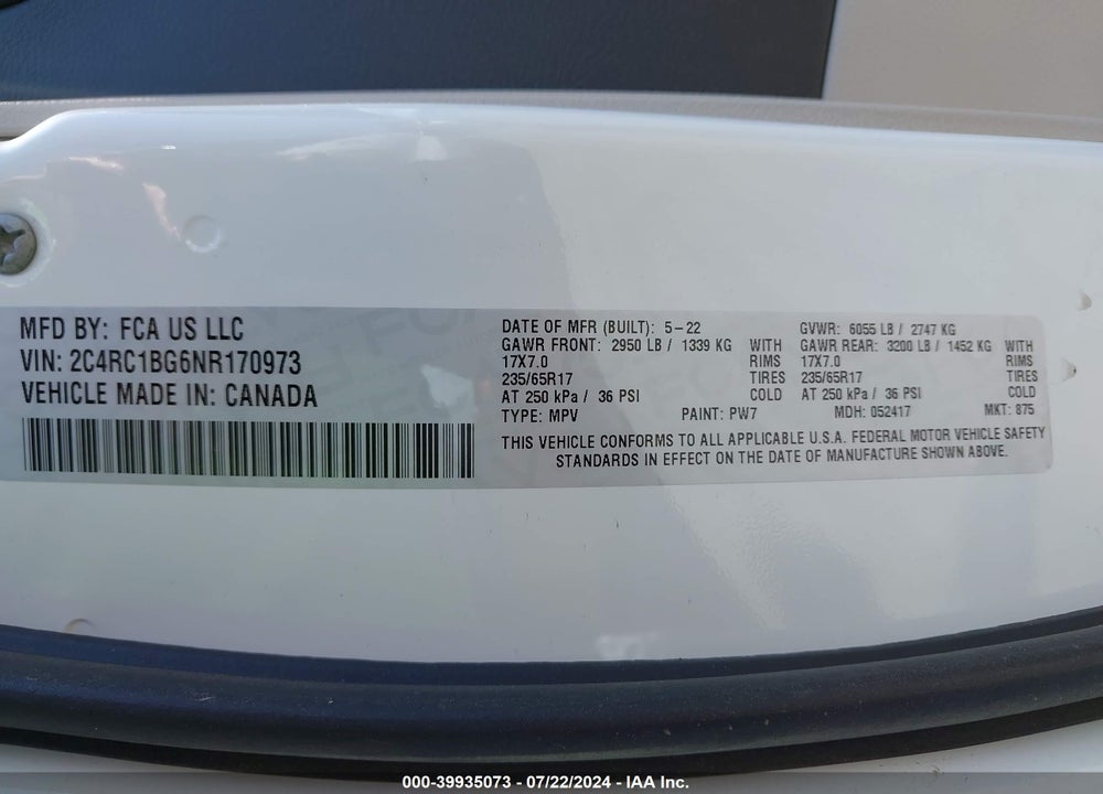 2022 CHRYSLER PACIFICA TOURING L VIN: 2C4RC1BG6NR170973