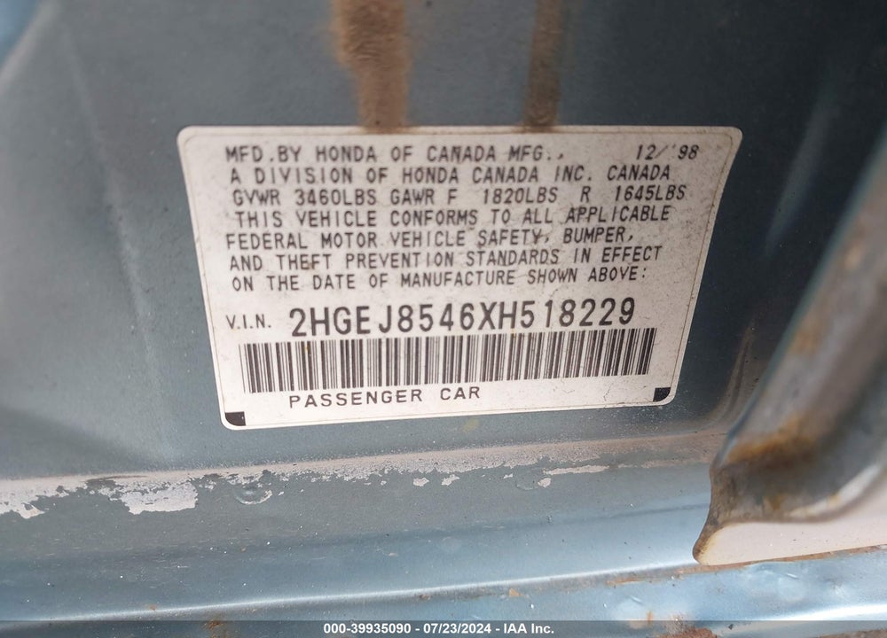 1999 HONDA CIVIC EX VIN: 2HGEJ8546XH518229