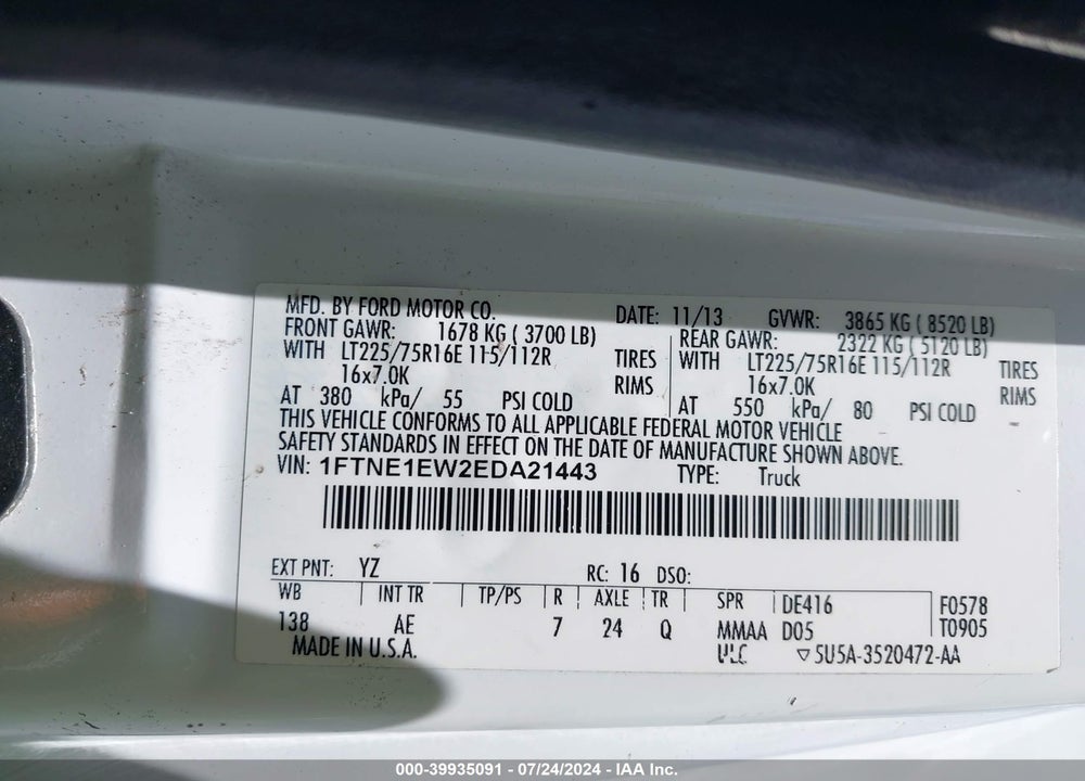 2014 FORD E-150 COMMERCIAL VIN: 1FTNE1EW2EDA21443