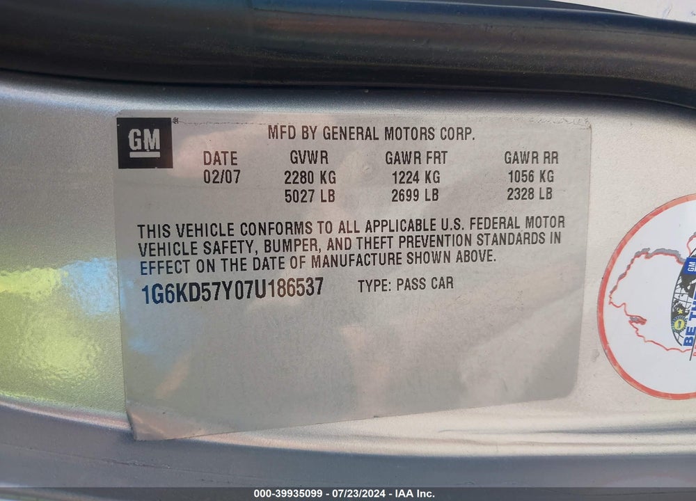 2007 CADILLAC DTS LUXURY I VIN: 1G6KD57Y07U186537