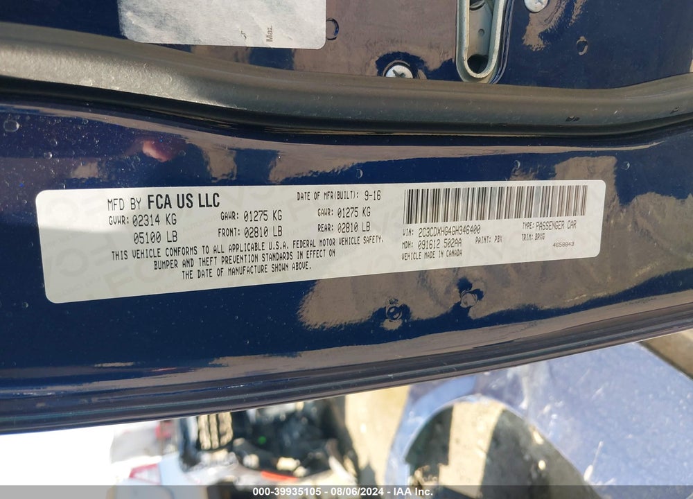 2016 DODGE CHARGER SXT VIN: 2C3CDXHG4GH346400