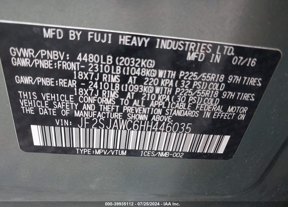 2017 SUBARU FORESTER 2.5I TOURING VIN: JF2SJAWC6HH446035