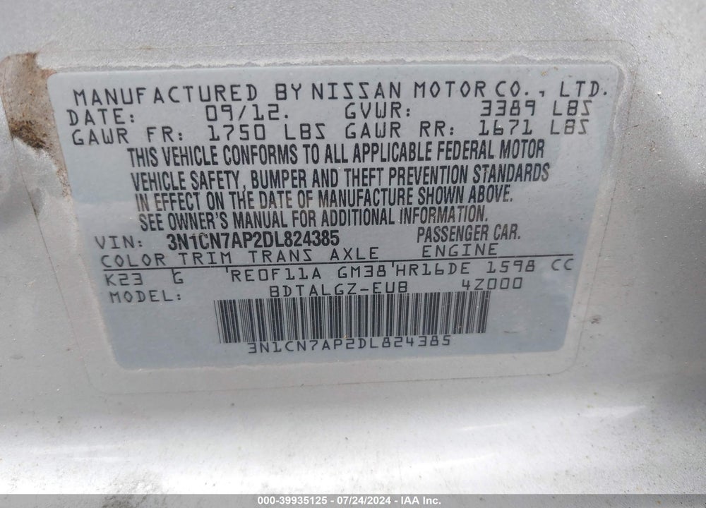 2013 NISSAN VERSA 1.6 SL VIN: 3N1CN7AP2DL824385