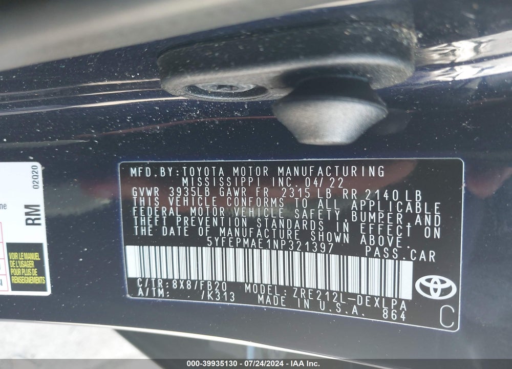 2022 TOYOTA COROLLA LE VIN: 5YFEPMAE1NP321397