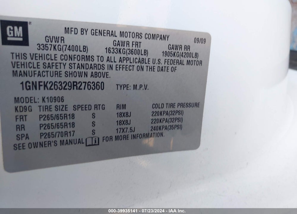 2009 CHEVROLET SUBURBAN 1500 LT2 VIN: 1GNFK26329R276360