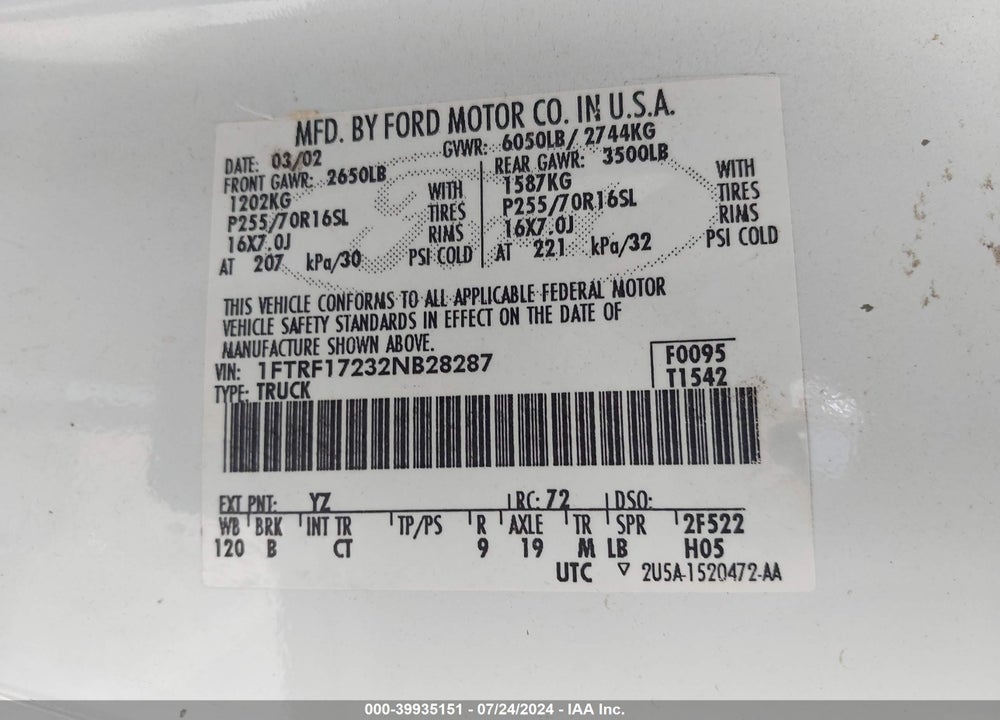 2002 FORD F-150 XL/XLT VIN: 1FTRF17232NB28287