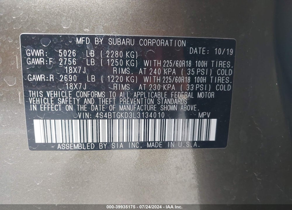2020 SUBARU OUTBACK ONYX EDITION XT VIN: 4S4BTGKD3L3134010