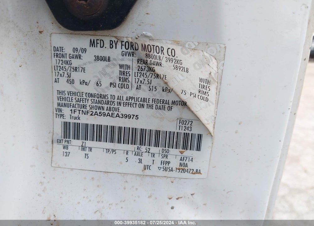 2010 FORD F-250 VIN: 1FTNF2A59AEA39975