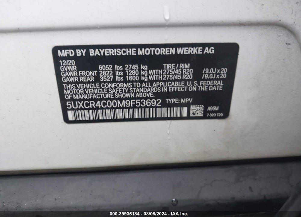 2021 BMW X5 SDRIVE40I VIN: 5UXCR4C00M9F53692