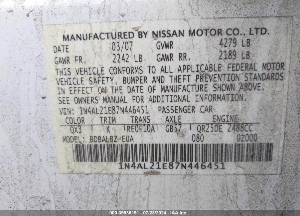 2007 NISSAN ALTIMA VIN: 1N4AL21E87N446451