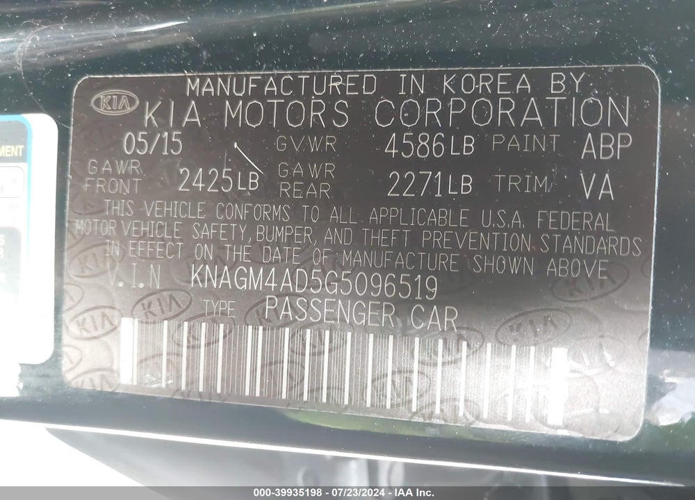 2016 KIA OPTIMA HYBRID VIN: KNAGM4AD5G5096519