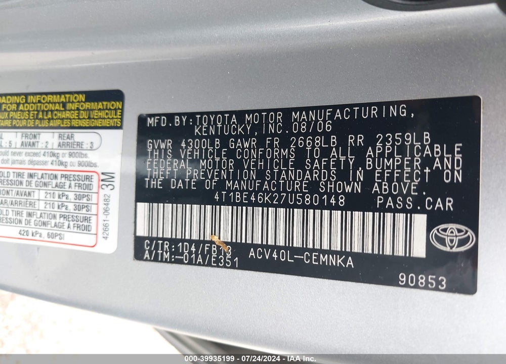 2007 TOYOTA CAMRY CE VIN: 4T1BE46K27U580148