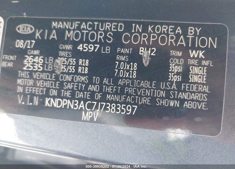 2018 KIA SPORTAGE EX VIN: KNDPN3AC7J7383597