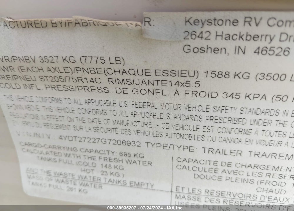 2016 KEYSTONE HIDEOUT 272LHS VIN: 4YDT27227G7206932