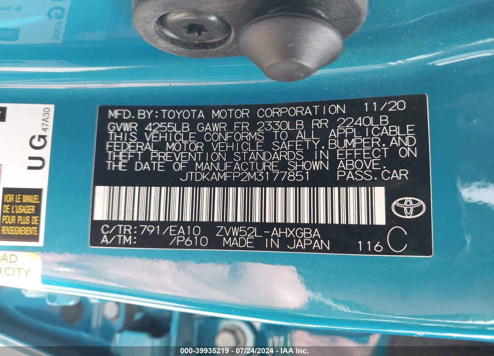 2021 TOYOTA PRIUS PRIME LIMITED VIN: JTDKAMFP2M3177851
