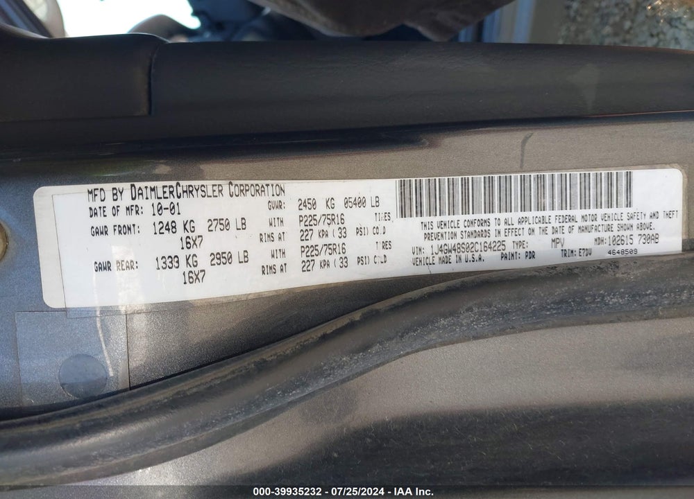2002 JEEP GRAND CHEROKEE LAREDO VIN: 1J4GW48S02C164225