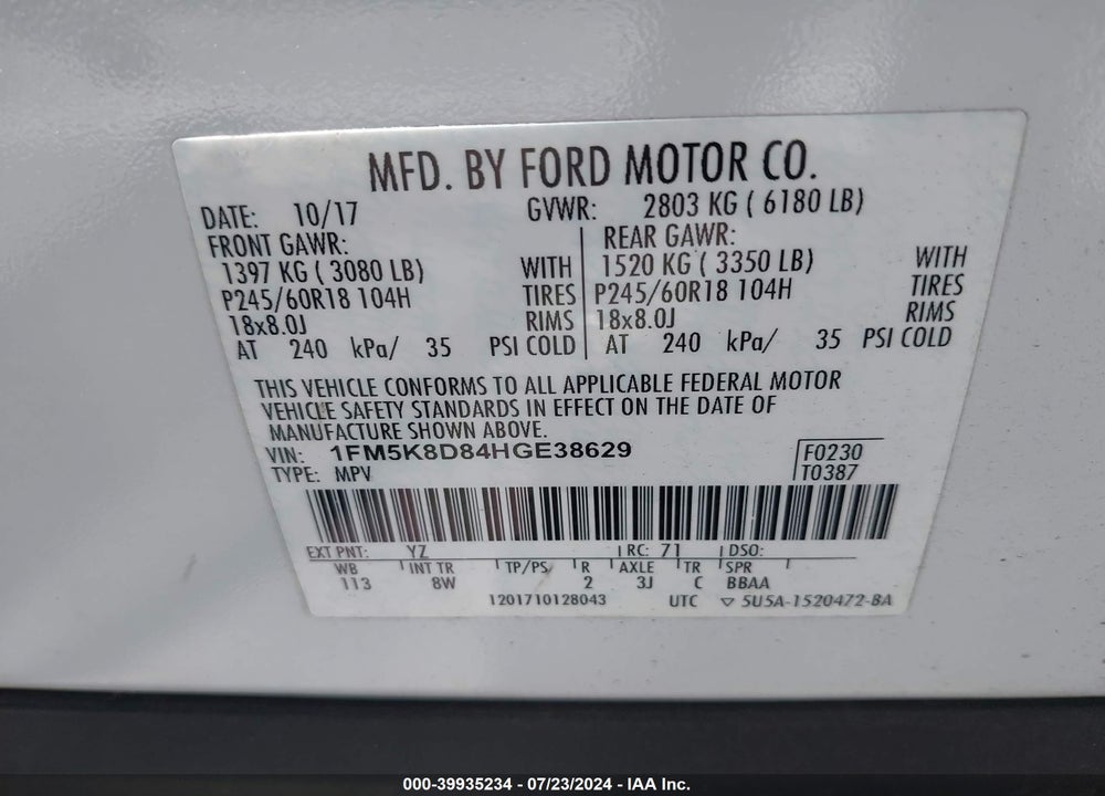 2017 FORD EXPLORER XLT VIN: 1FM5K8D84HGE38629