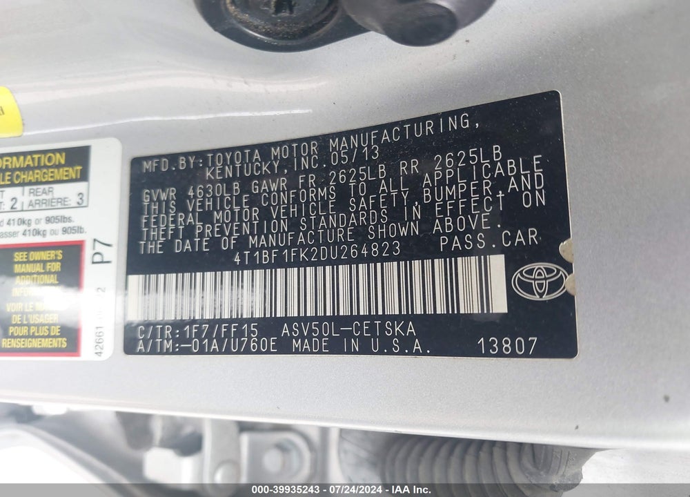 2013 TOYOTA CAMRY SE VIN: 4T1BF1FK2DU264823