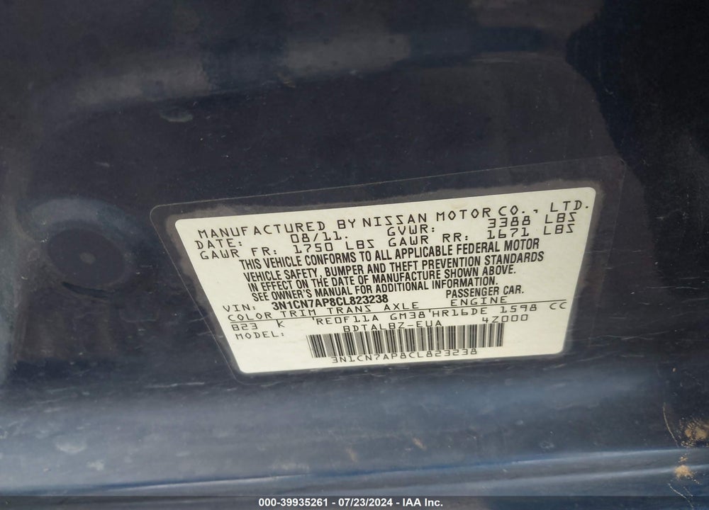 2012 NISSAN VERSA 1.6 SV VIN: 3N1CN7AP8CL823238