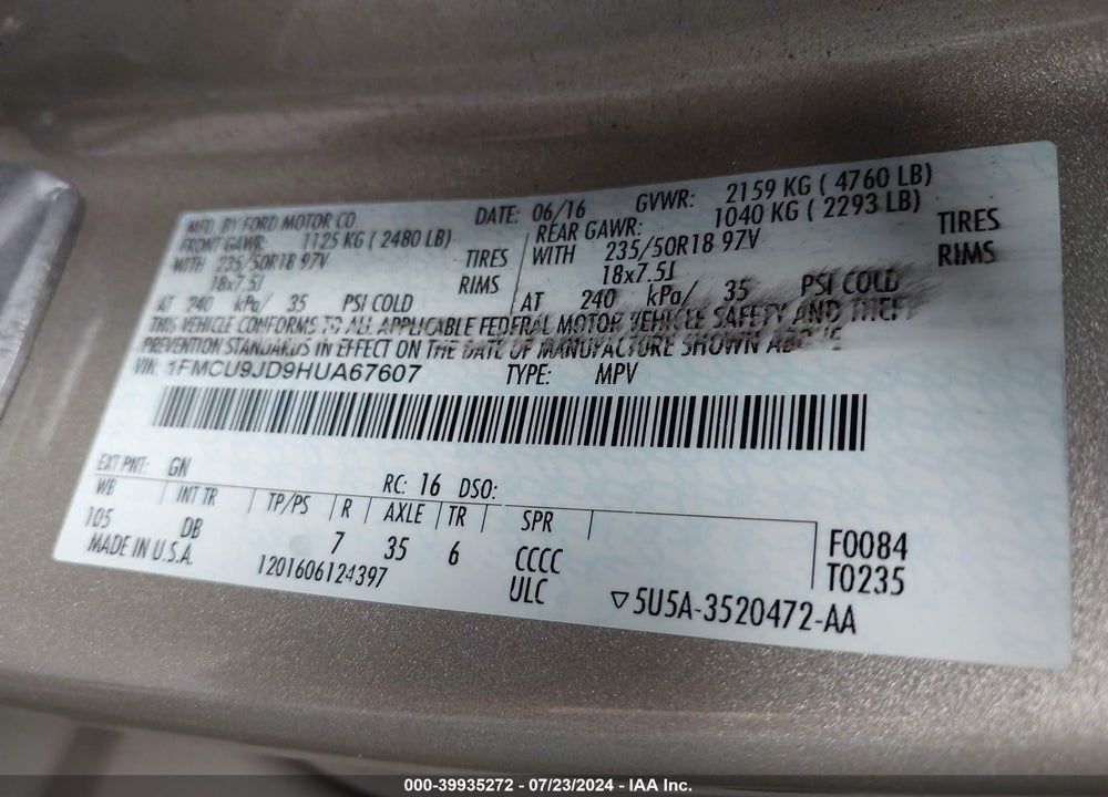 2017 FORD ESCAPE TITANIUM VIN: 1FMCU9JD9HUA67607