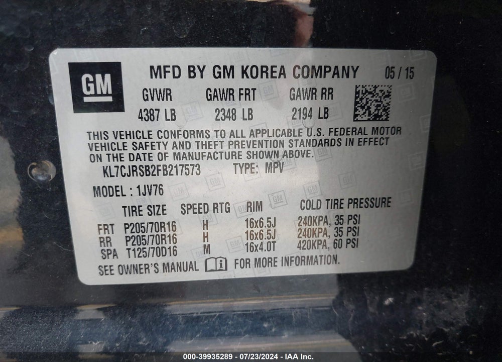 2015 CHEVROLET TRAX LT VIN: KL7CJRSB2FB217573