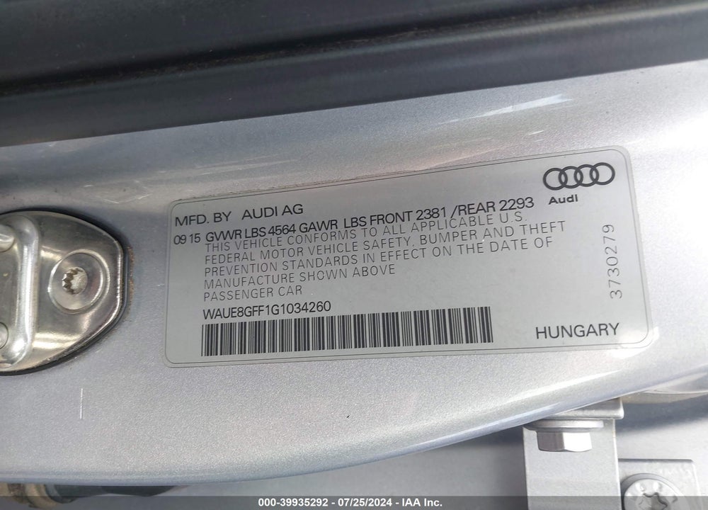 2016 AUDI A3 2.0T PREMIUM VIN: WAUE8GFF1G1034260