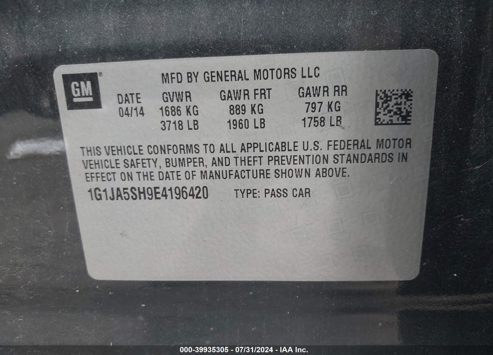 2014 CHEVROLET SONIC LS AUTO VIN: 1G1JA5SH9E4196420