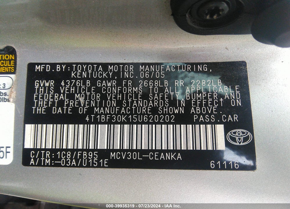 2005 TOYOTA CAMRY LE V6 VIN: 4T1BF30K15U620202