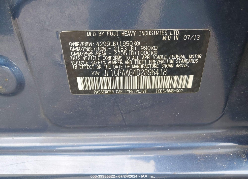 2013 SUBARU IMPREZA 2.0I VIN: JF1GPAA64D2896418