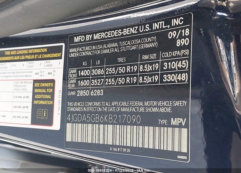 2019 MERCEDES-BENZ GLE 400 4MATIC VIN: 4JGDA5GB6KB217090