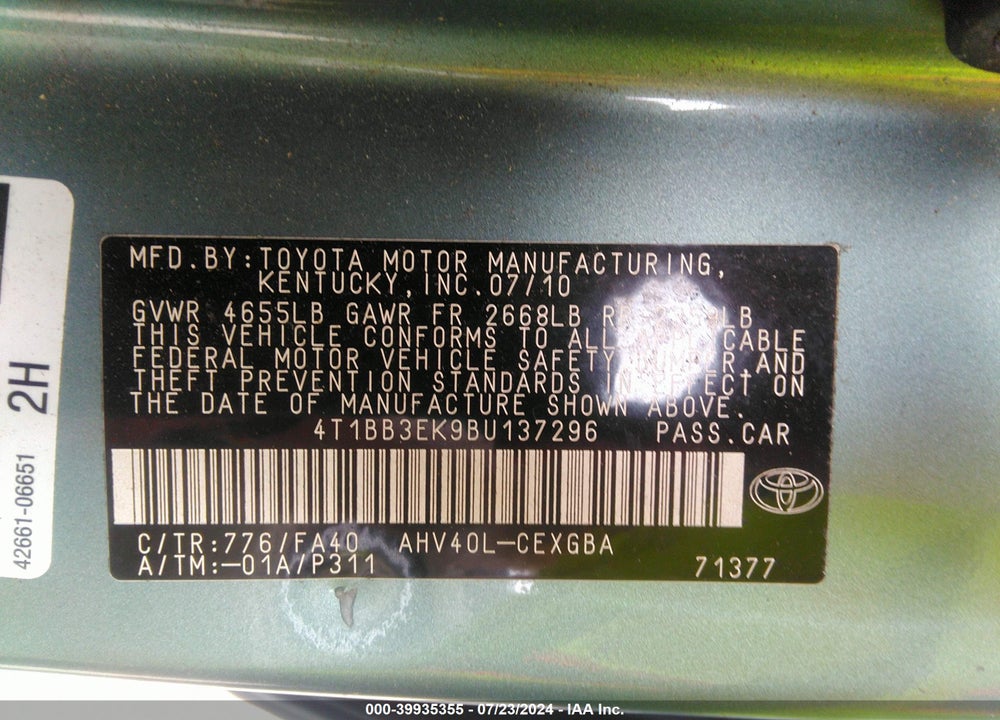 2011 TOYOTA CAMRY HYBRID VIN: 4T1BB3EK9BU137296