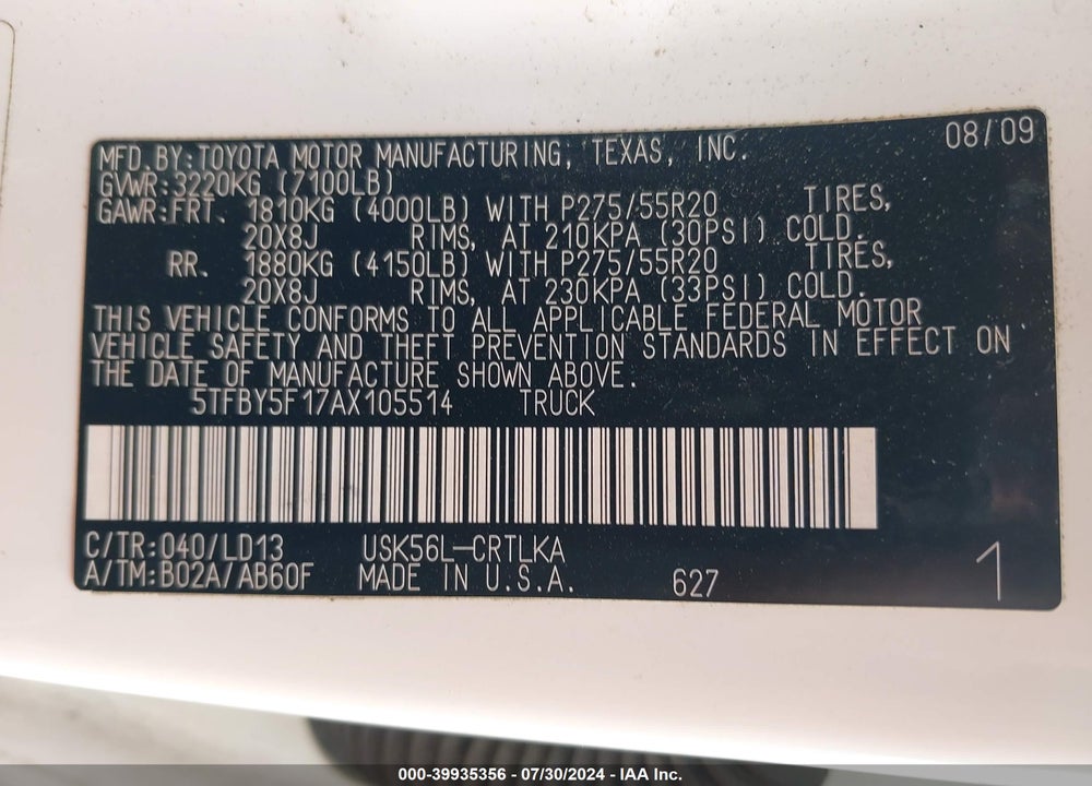 2010 TOYOTA TUNDRA LIMITED 5.7L V8 VIN: 5TFBY5F17AX105514