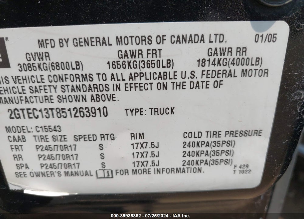 2005 GMC SIERRA 1500 SLE VIN: 2GTEC13T851263910