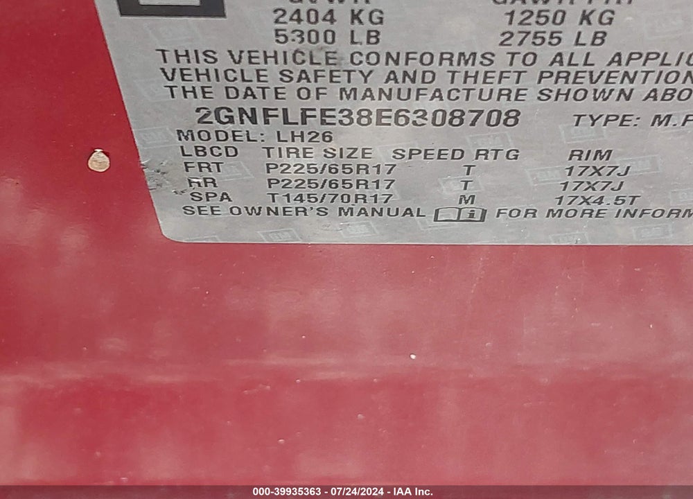 2014 CHEVROLET EQUINOX 1LT VIN: 2GNFLFE38E6308708