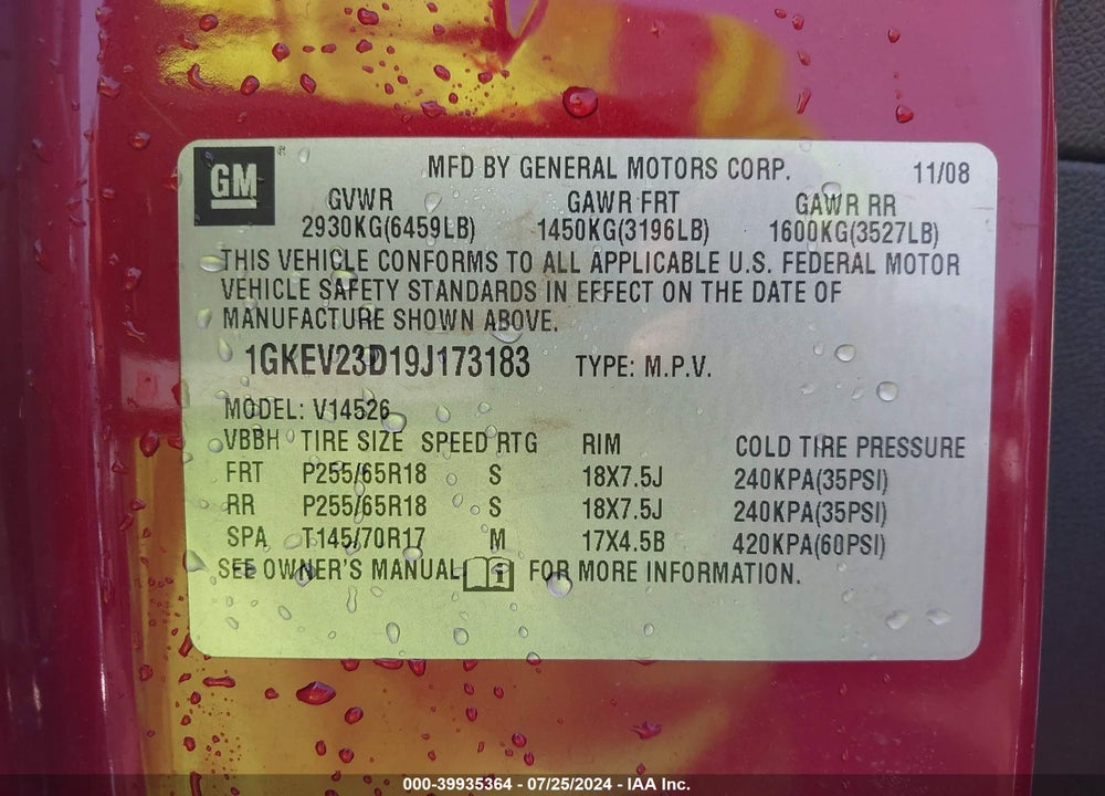 2009 GMC ACADIA SLT-1 VIN: 1GKEV23D19J173183
